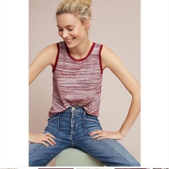 ANTHROPOLOGIE VANESSAVIRGINIA MERLOT STRIPE KNIT SLEEVELESS FRINGED TANK‎ SZ S - Picture 1 of 11